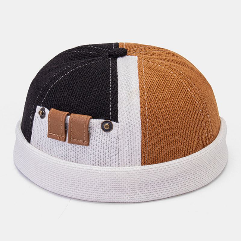 Collrown Mannen Polar Fleece Kleurblok Stiksels Dome Beanie Skull Cap Herfst Winter Warm Verstelbare Lederen Gesp Verhuurder Cap