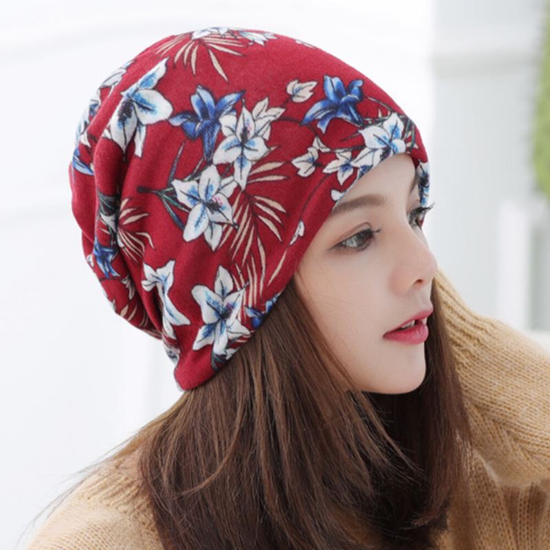 Dames Kasjmier Gekleurd Bloemmotief Casual Dual-use Nekbescherming Brimless Beanie Gebreide Muts