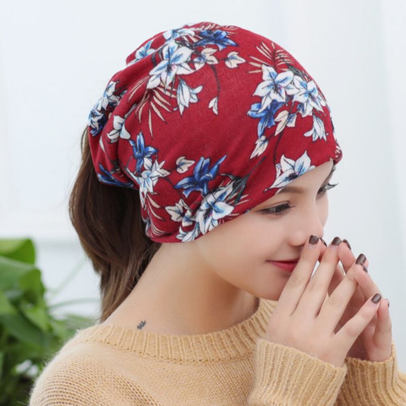 Dames Kasjmier Gekleurd Bloemmotief Casual Dual-use Nekbescherming Brimless Beanie Gebreide Muts