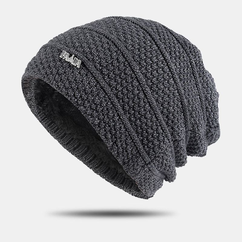 Heren Effen Kleur Gestreepte Gebreide Muts Plus Fluwelen Dikker Outdoor Warmte Randloze Beanie Muts