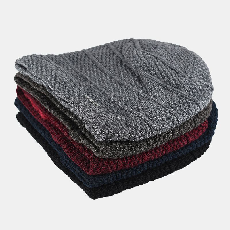 Heren Effen Kleur Gestreepte Gebreide Muts Plus Fluwelen Dikker Outdoor Warmte Randloze Beanie Muts