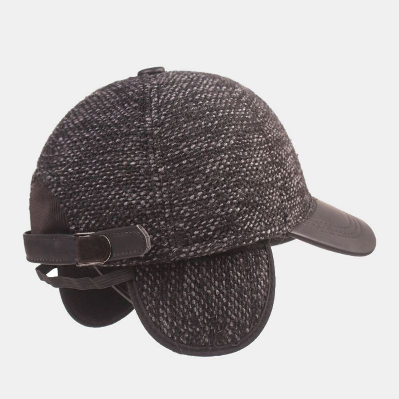 Heren Katoenen Koepel Gemengde Kleur Gebreide Patchwork Pu-rand Ingebouwde Gehoorbescherming Warmte Baseball Cap