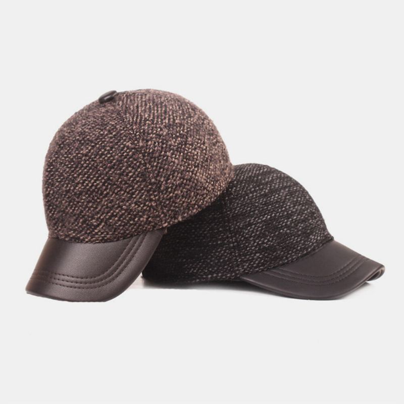 Heren Katoenen Koepel Gemengde Kleur Gebreide Patchwork Pu-rand Ingebouwde Gehoorbescherming Warmte Baseball Cap