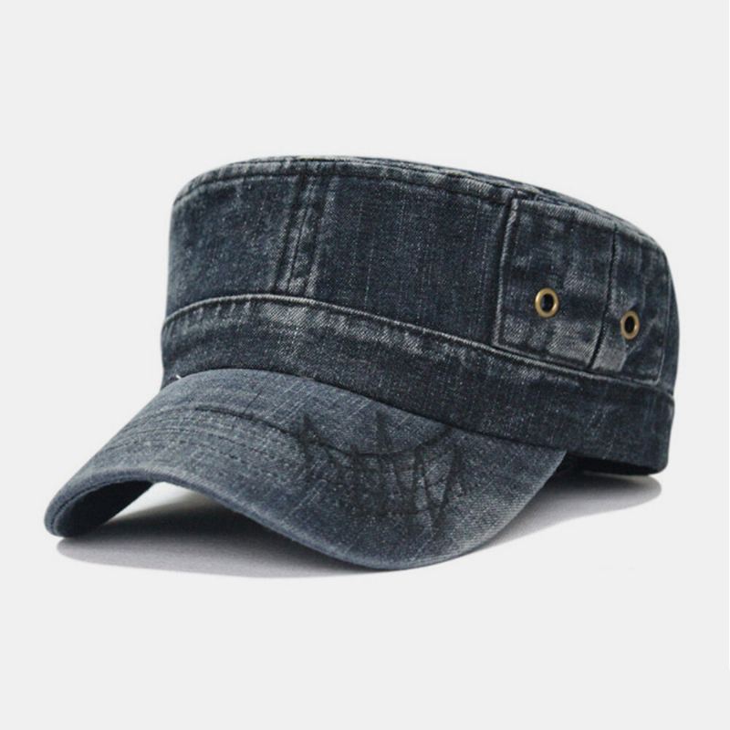 Mannen Gewassen Denim Tie Dye Borduurgaren Patroon Platte Hoed Outdoor Sport Verstelbare Pet Leger Hoed