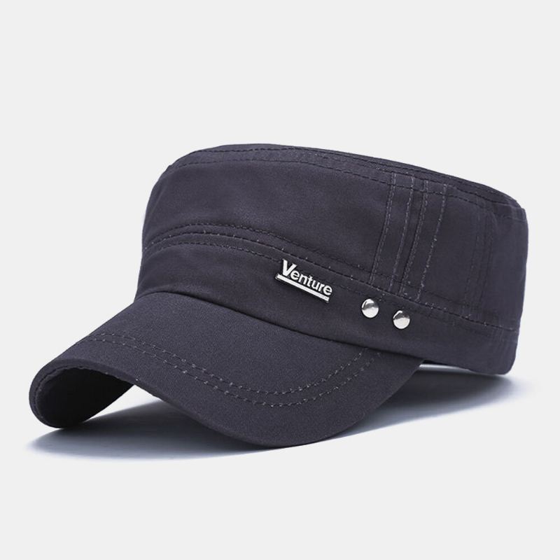 Mannen Gewassen Klinknagel Ontwerp Brief Patroon Militaire Cap Verstelbare Casual Suncreen Platte Top Cap Twill Cap