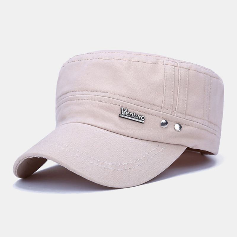 Mannen Gewassen Klinknagel Ontwerp Brief Patroon Militaire Cap Verstelbare Casual Suncreen Platte Top Cap Twill Cap
