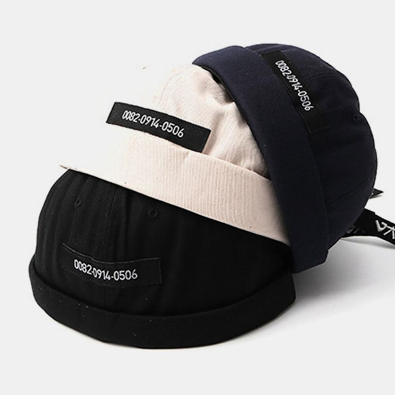 Mannen Katoen Nummers Slogan Patch Straat Retro Brimless Beanie Landlord Cap Skull Cap