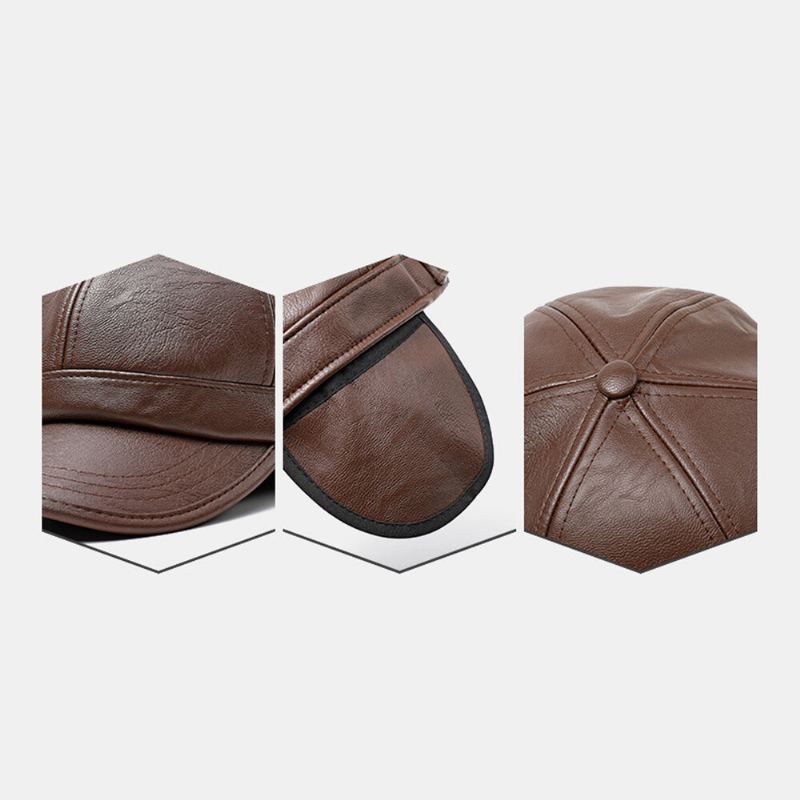 Mannen Oorklep Hoed Retro Pu Leer Winter Ingebouwde Oorbeschermers Winddicht Koude Bescherming Baseball Cap