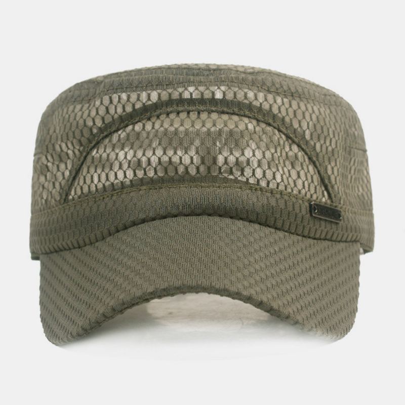 Mannen Verstelbare Mesh Ademende Effen Kleur Militaire Cap Platte Cap Met Letter Metalen Label