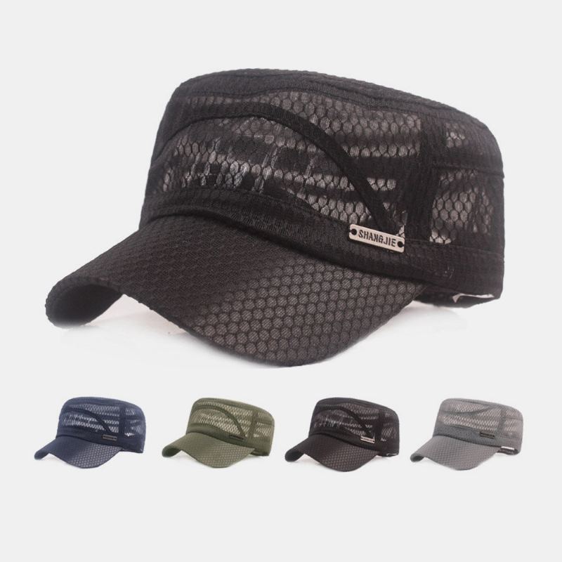 Mannen Verstelbare Mesh Ademende Effen Kleur Militaire Cap Platte Cap Met Letter Metalen Label