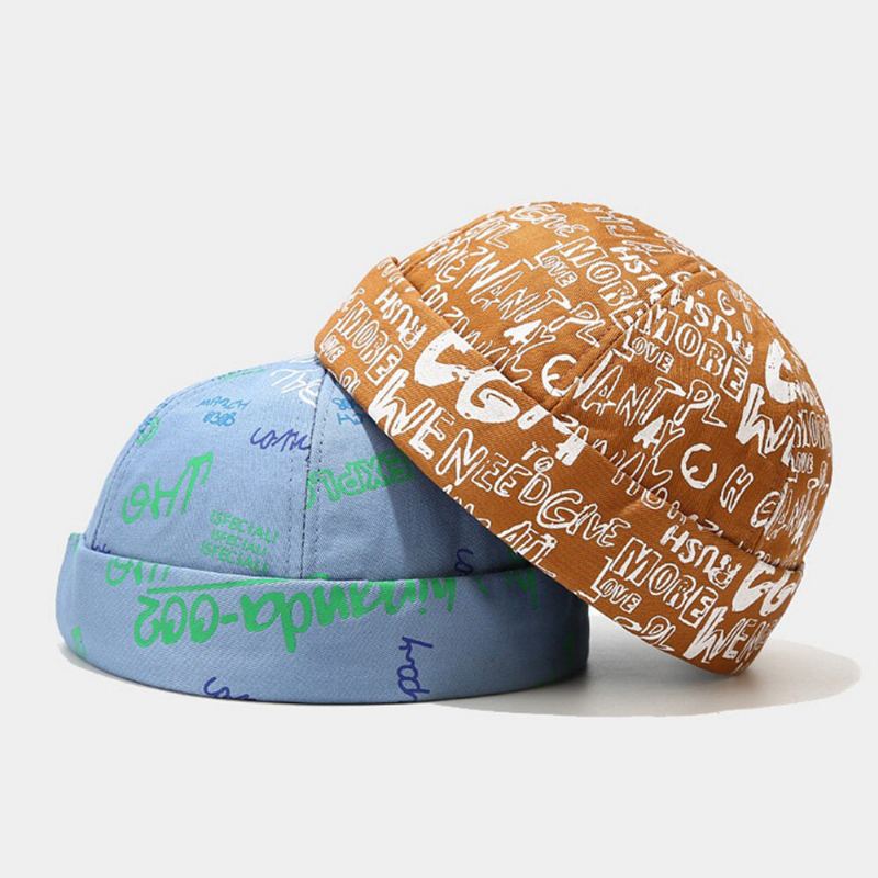 Unisex Katoen Overlay Letters Graffiti Print Trendy All-match Brimless Beanie Landlord Caps Skull Caps