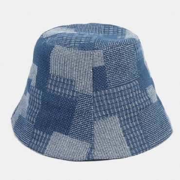 Unisex Katoen Plaid Colorblock Denim Verontruste Vintage Casual Zonnescherm Opvouwbare Platte Hoeden Emmer Hoeden