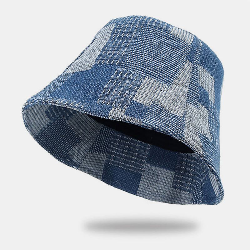 Unisex Katoen Plaid Colorblock Denim Verontruste Vintage Casual Zonnescherm Opvouwbare Platte Hoeden Emmer Hoeden