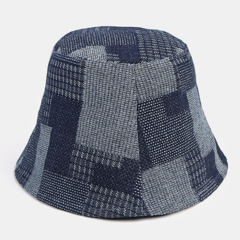 Unisex Katoen Plaid Colorblock Denim Verontruste Vintage Casual Zonnescherm Opvouwbare Platte Hoeden Emmer Hoeden