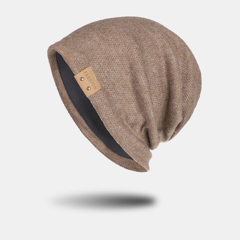 Unisex Kunstmatige Kasjmier Lederen Label Beanie Hoed Mode Toevallige Warme Elastische Verstelbare Gebreide Muts