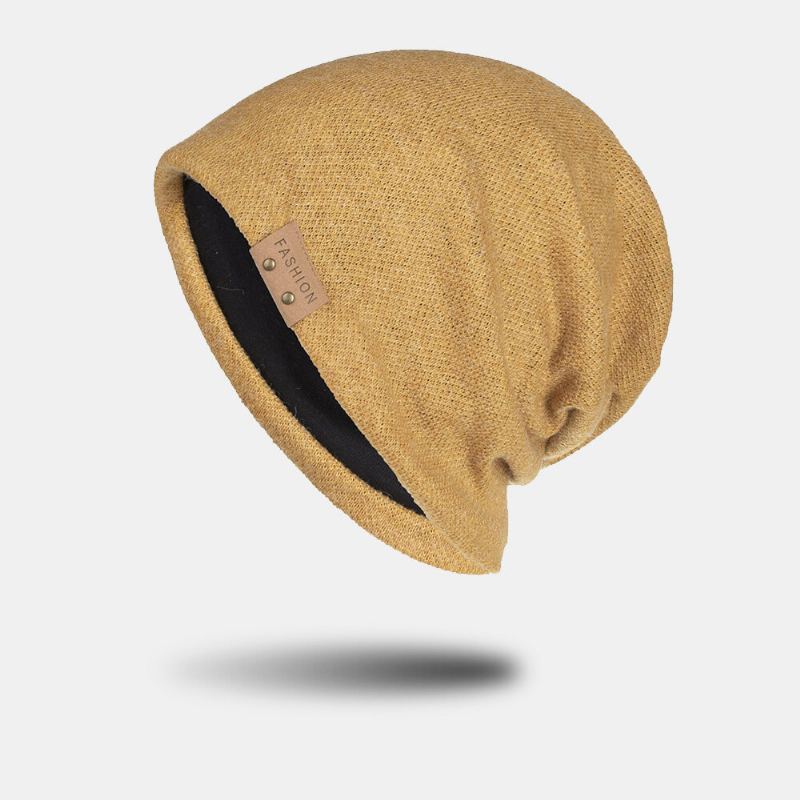 Unisex Kunstmatige Kasjmier Lederen Label Beanie Hoed Mode Toevallige Warme Elastische Verstelbare Gebreide Muts