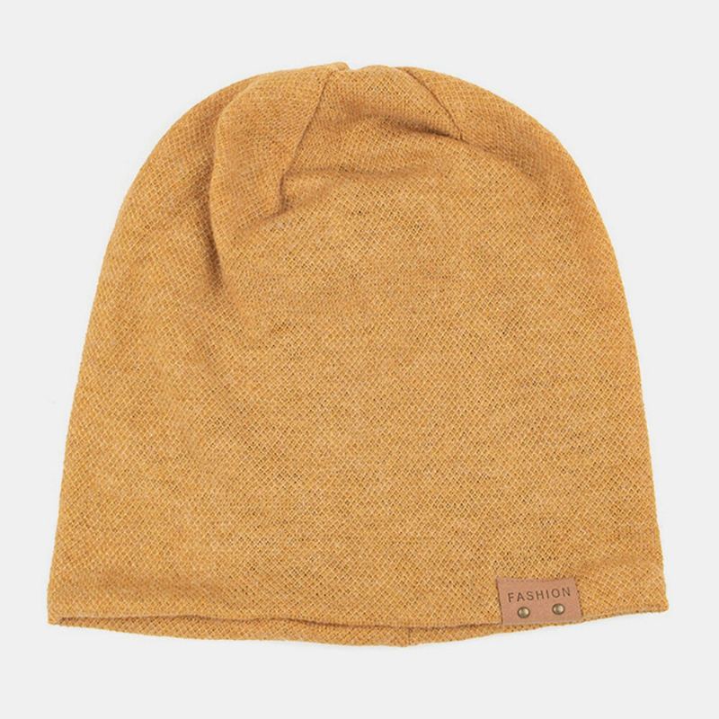 Unisex Kunstmatige Kasjmier Lederen Label Beanie Hoed Mode Toevallige Warme Elastische Verstelbare Gebreide Muts