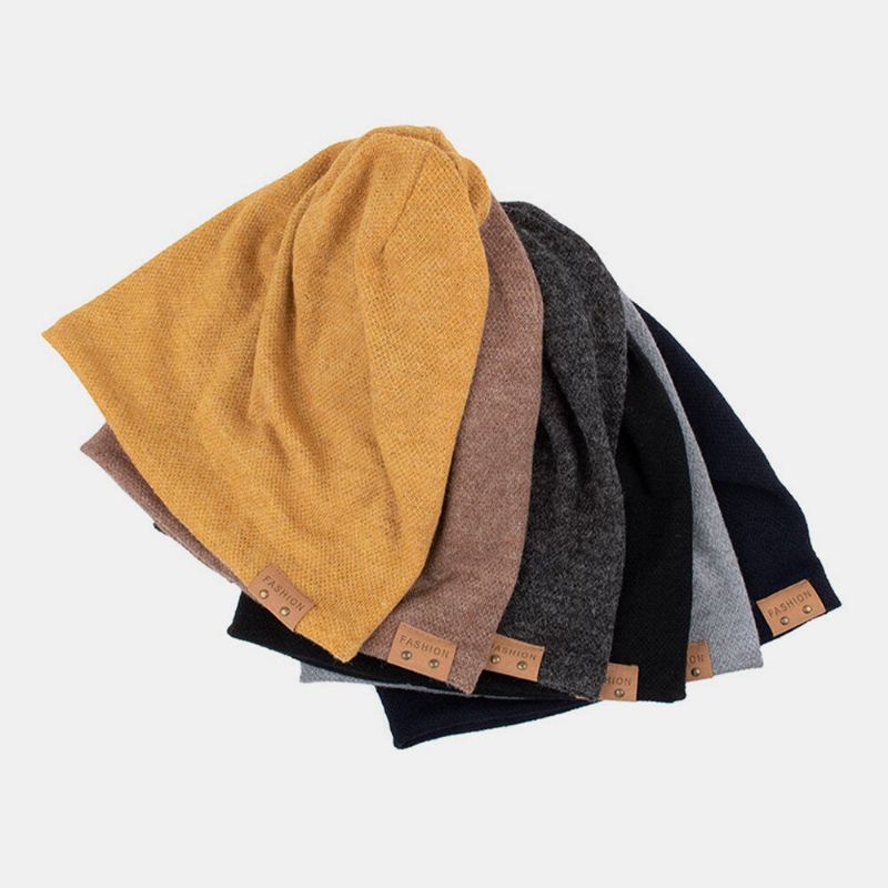 Unisex Kunstmatige Kasjmier Lederen Label Beanie Hoed Mode Toevallige Warme Elastische Verstelbare Gebreide Muts
