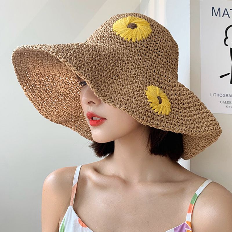 Vrouwen Stro Bloemen Effen Kleur Elegante Zonnebloem Grote Rand Vizier Zon Hoed Strand Hoed Emmer Hoed