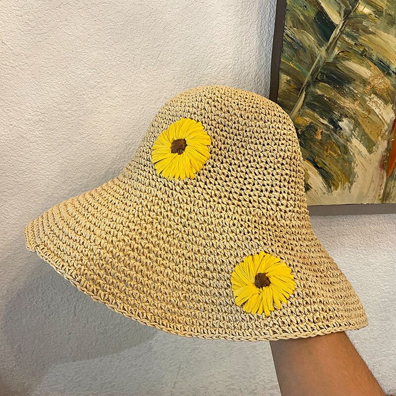 Vrouwen Stro Bloemen Effen Kleur Elegante Zonnebloem Grote Rand Vizier Zon Hoed Strand Hoed Emmer Hoed