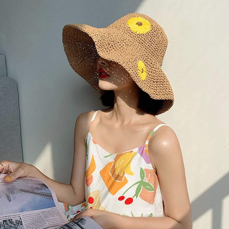 Vrouwen Stro Bloemen Effen Kleur Elegante Zonnebloem Grote Rand Vizier Zon Hoed Strand Hoed Emmer Hoed