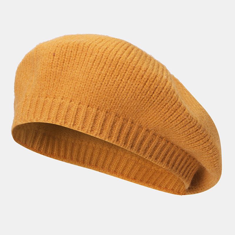 Vrouwen Wollen Effen Kleur Winter Warm Gebreide Muts Britse Retro Dome Elastische Zonnescherm Baret Cap Schilder Hoed