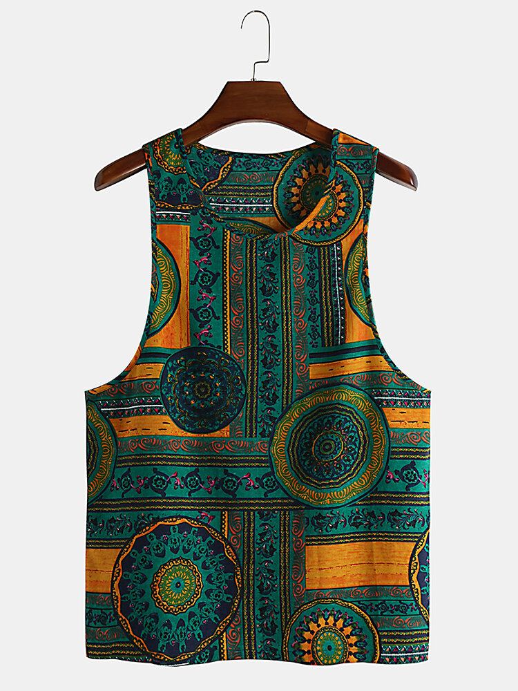 Heren 100% Katoen Zomer Etnisch Bloemenprint Mouwloos Casual Vest