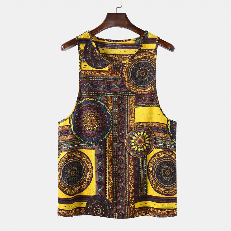 Heren 100% Katoen Zomer Etnisch Bloemenprint Mouwloos Casual Vest