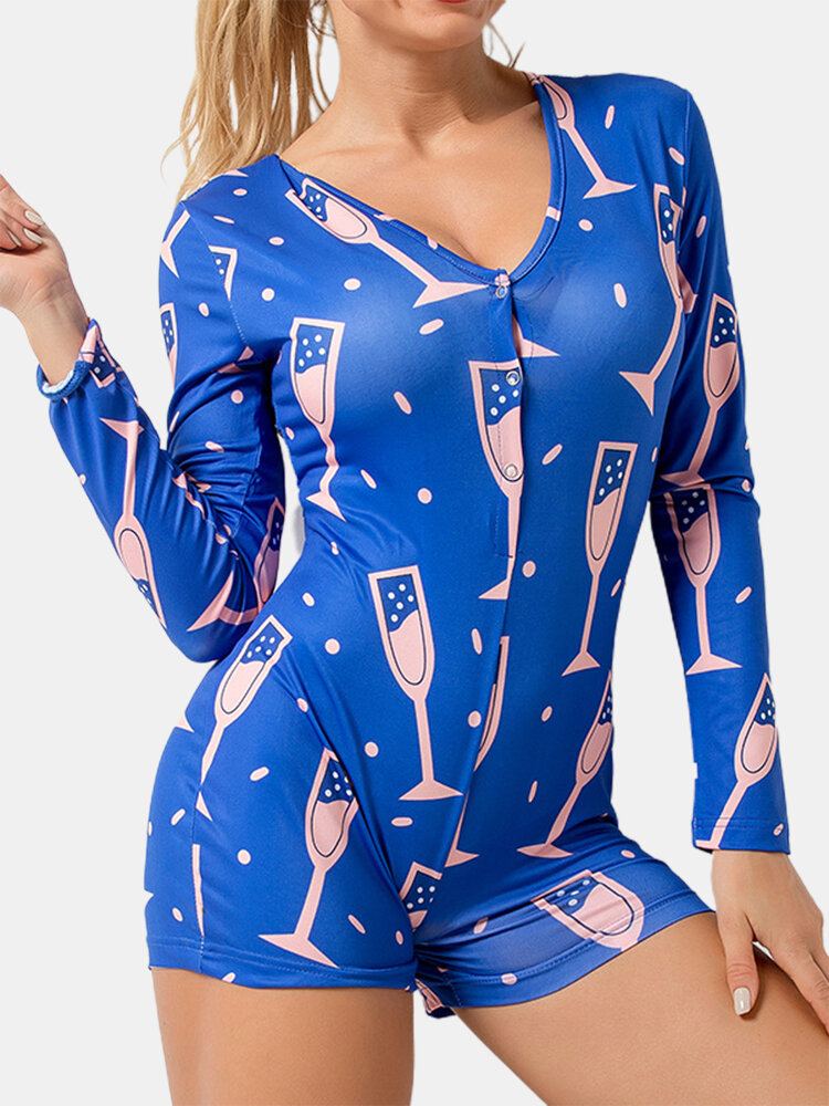Abstracte Print V-hals Lange Mouw V-hals Blauwe Pyjama Shorts Jumpsuits Voor Dames
