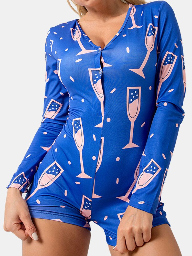 Abstracte Print V-hals Lange Mouw V-hals Blauwe Pyjama Shorts Jumpsuits Voor Dames
