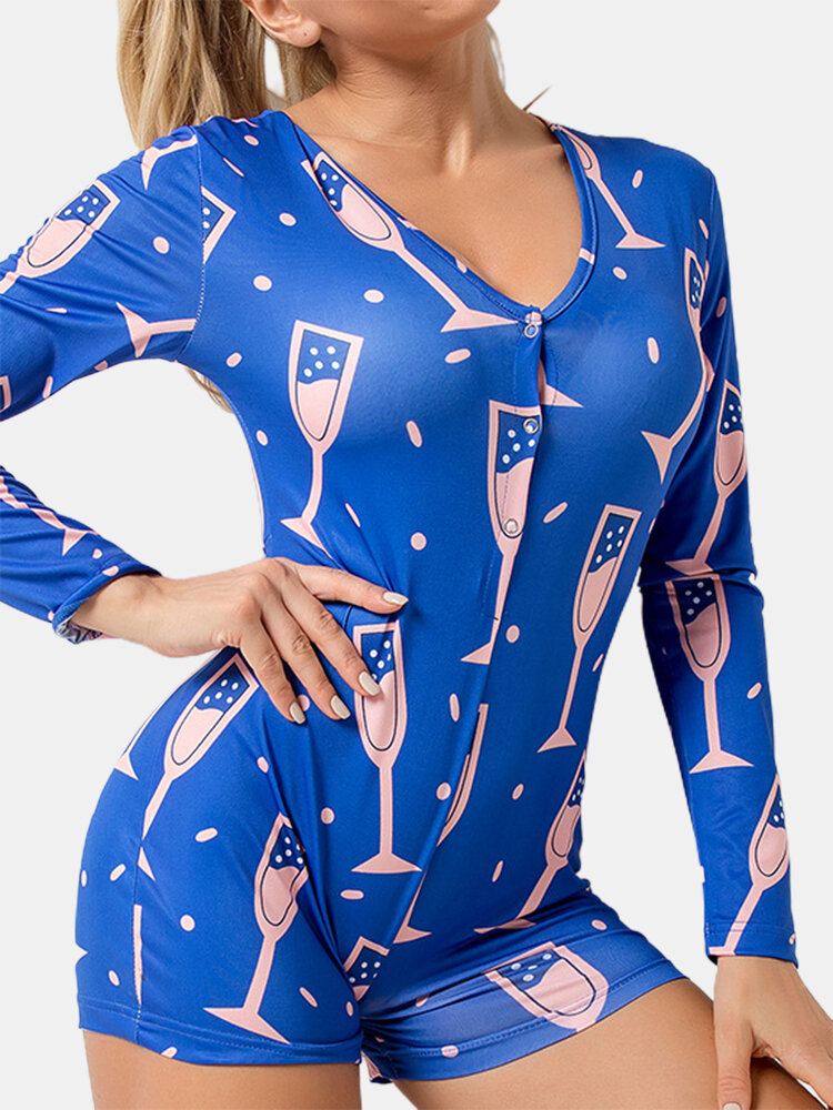 Abstracte Print V-hals Lange Mouw V-hals Blauwe Pyjama Shorts Jumpsuits Voor Dames