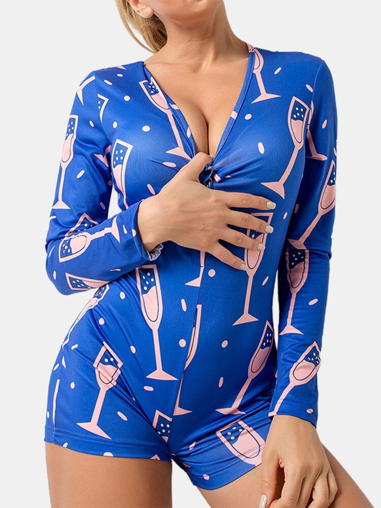 Abstracte Print V-hals Lange Mouw V-hals Blauwe Pyjama Shorts Jumpsuits Voor Dames