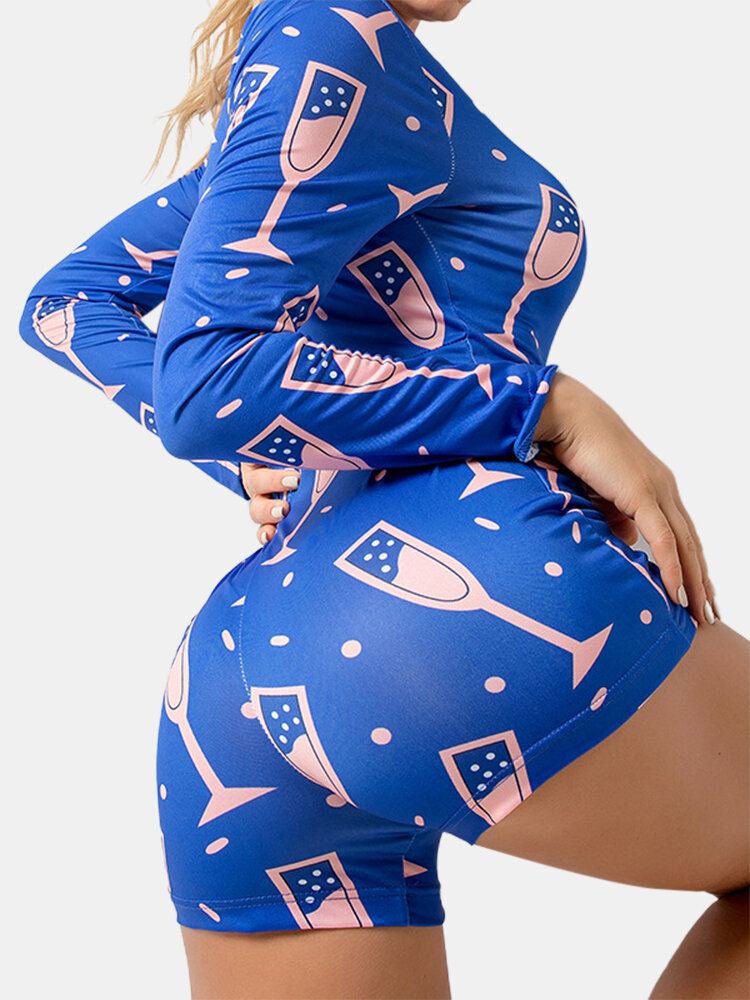 Abstracte Print V-hals Lange Mouw V-hals Blauwe Pyjama Shorts Jumpsuits Voor Dames