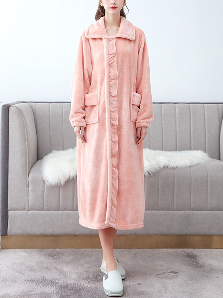 Dames Flanel Ruches Revers Double Pocket Lange Mouwen Robes