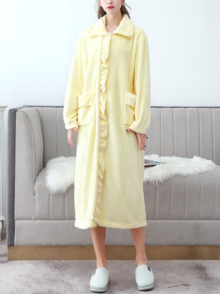 Dames Flanel Ruches Revers Double Pocket Lange Mouwen Robes