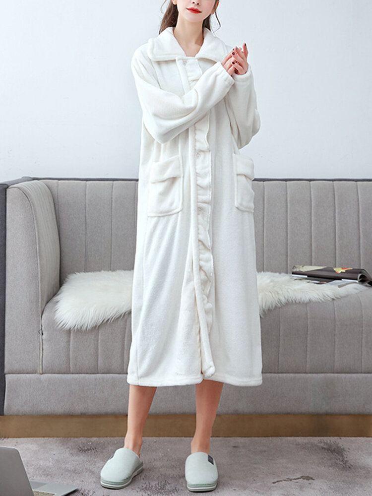 Dames Flanel Ruches Revers Double Pocket Lange Mouwen Robes