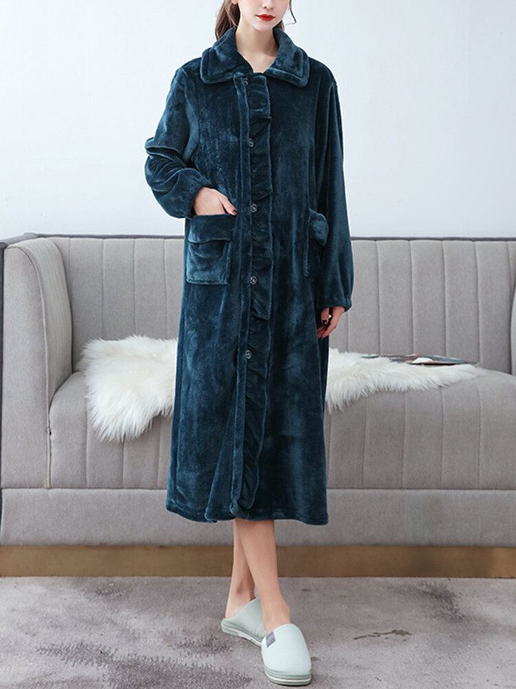 Dames Flanel Ruches Revers Double Pocket Lange Mouwen Robes