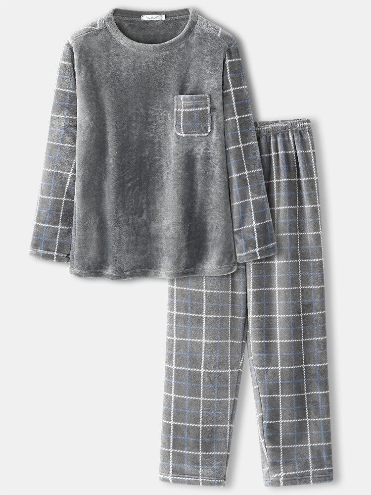 Heren Flanel Plaid Patchwork Trui Warm Dikker Losse Broek Thuis Comfortabele Pyjama Set