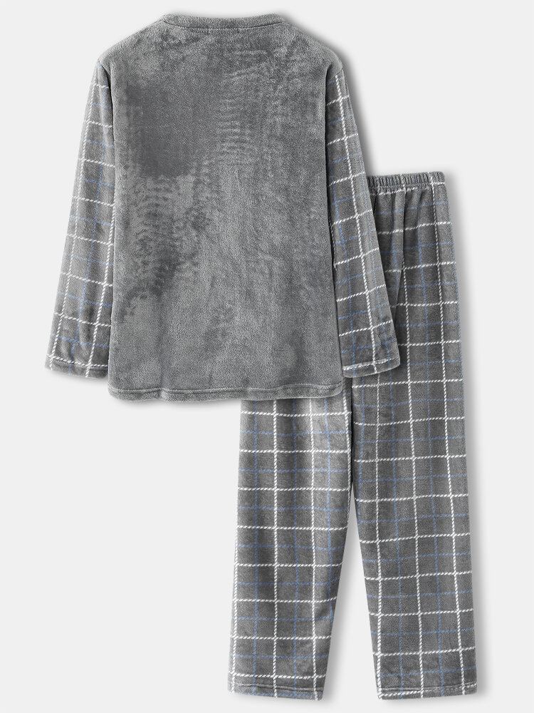 Heren Flanel Plaid Patchwork Trui Warm Dikker Losse Broek Thuis Comfortabele Pyjama Set