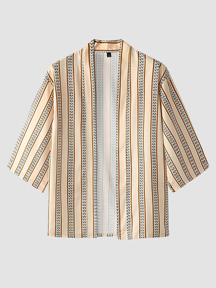 Heren Gestreepte Print Open Voorkant 3/4 Mouw Kimono Tweedelige Outfits