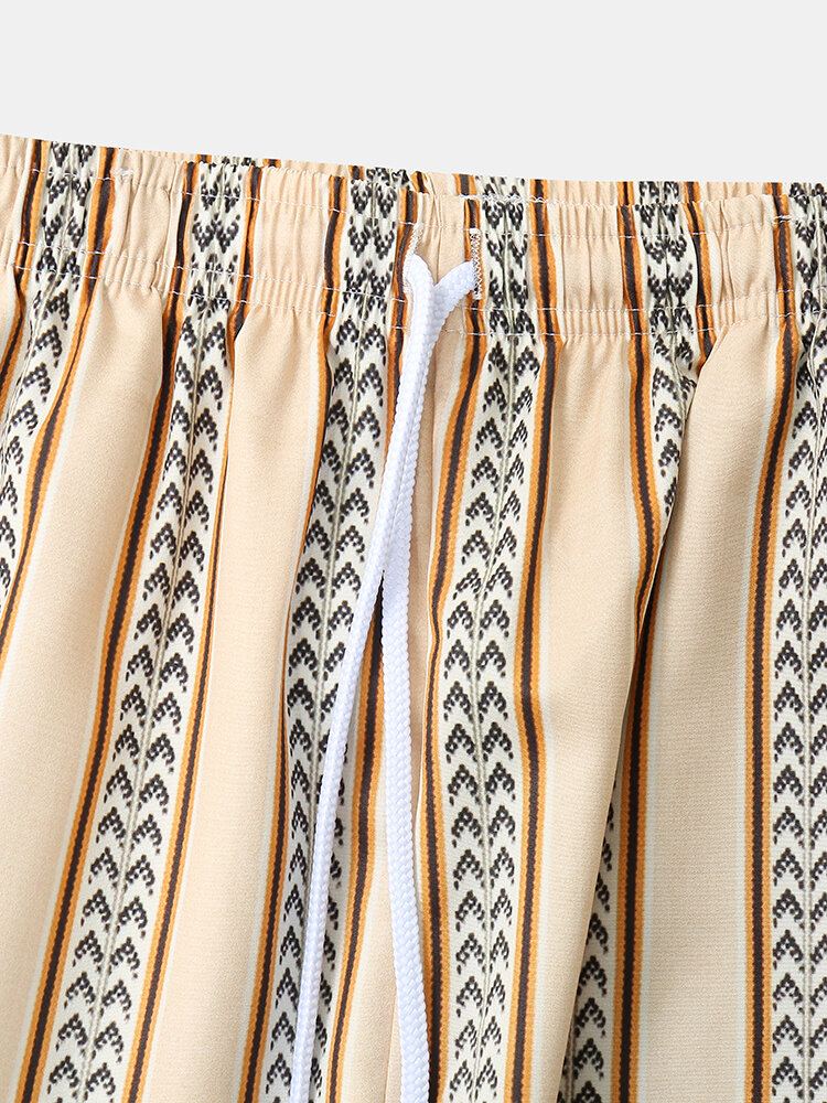 Heren Gestreepte Print Open Voorkant 3/4 Mouw Kimono Tweedelige Outfits