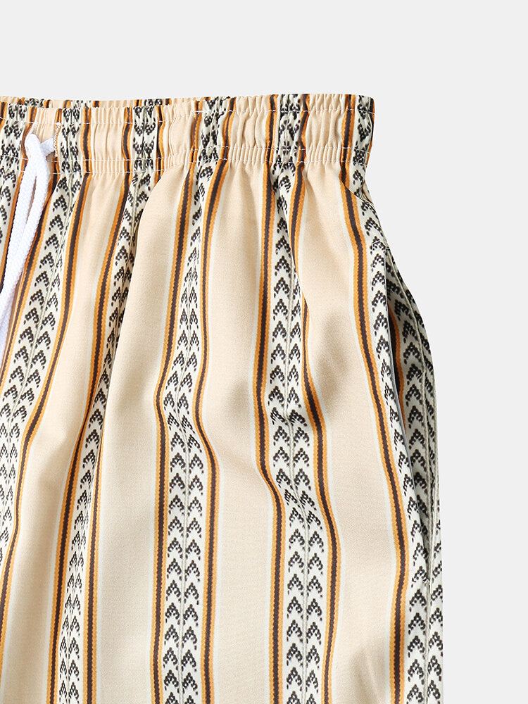 Heren Gestreepte Print Open Voorkant 3/4 Mouw Kimono Tweedelige Outfits