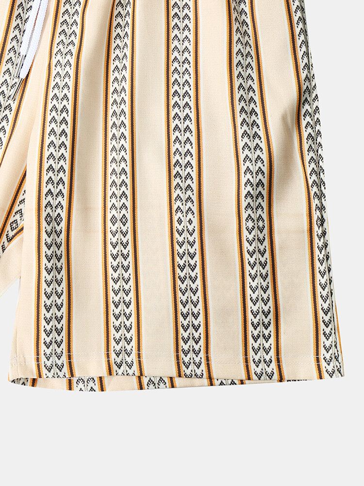 Heren Gestreepte Print Open Voorkant 3/4 Mouw Kimono Tweedelige Outfits
