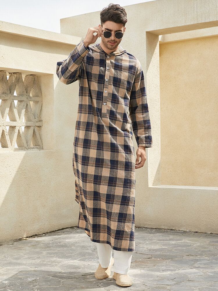 Heren Rooster Halve Knopen Kuitlengte Plaid Hooded Casual Nachtgewaad