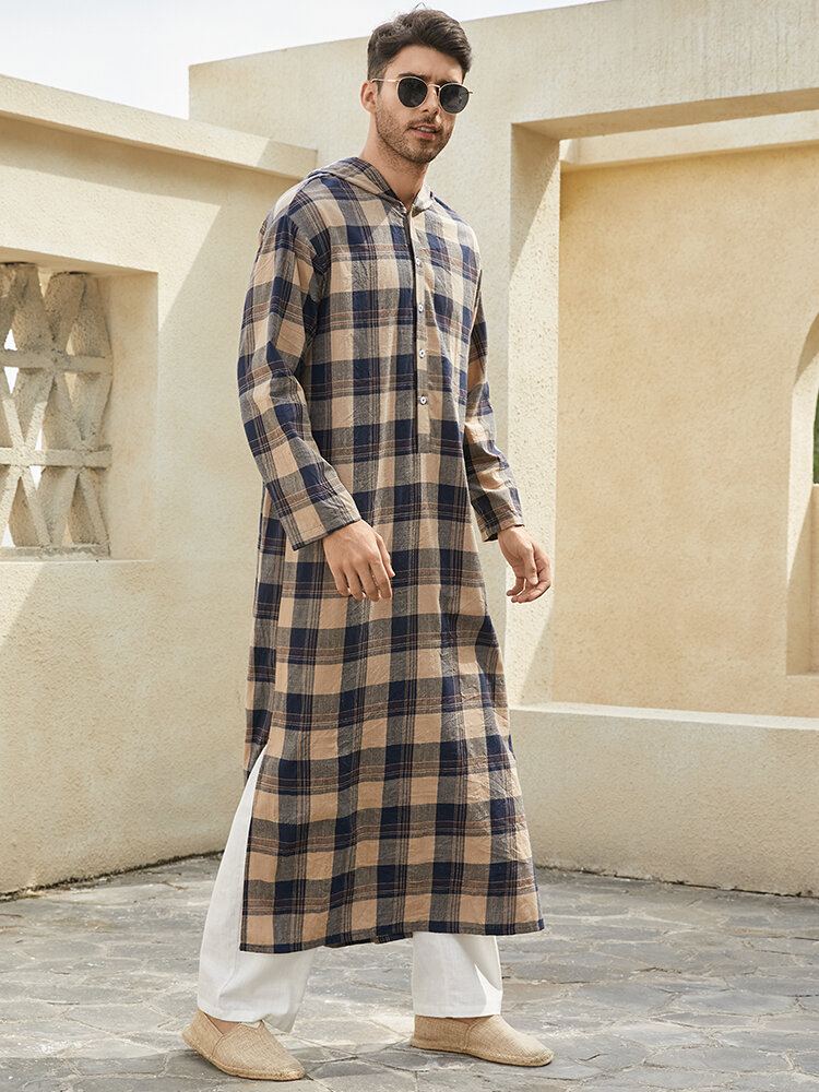 Heren Rooster Halve Knopen Kuitlengte Plaid Hooded Casual Nachtgewaad