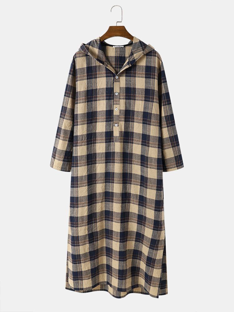 Heren Rooster Halve Knopen Kuitlengte Plaid Hooded Casual Nachtgewaad