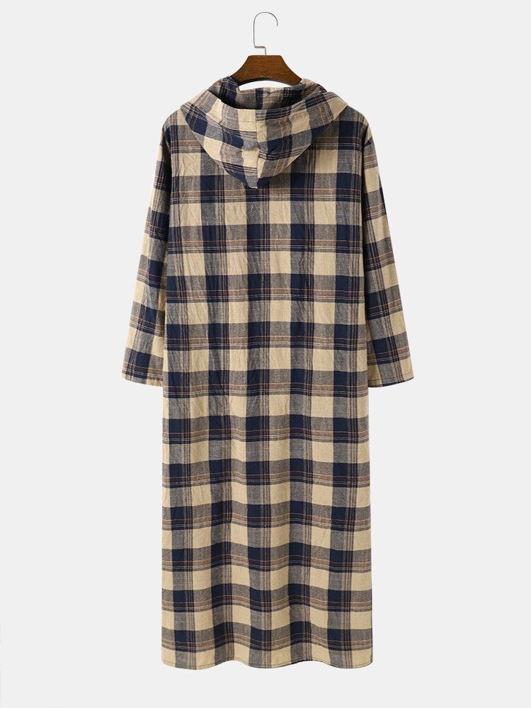 Heren Rooster Halve Knopen Kuitlengte Plaid Hooded Casual Nachtgewaad