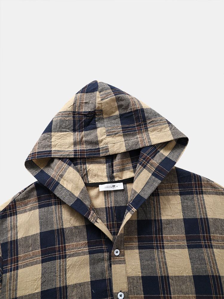 Heren Rooster Halve Knopen Kuitlengte Plaid Hooded Casual Nachtgewaad