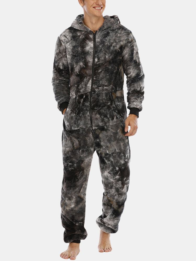 Heren Tie Dye Warm Fleece Pluche Jumpsuit Met Capuchon Een Stuk Thuis Nachtkleding