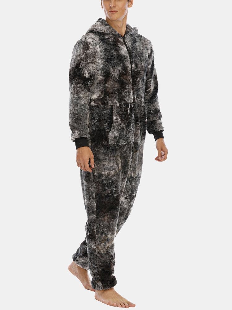 Heren Tie Dye Warm Fleece Pluche Jumpsuit Met Capuchon Een Stuk Thuis Nachtkleding